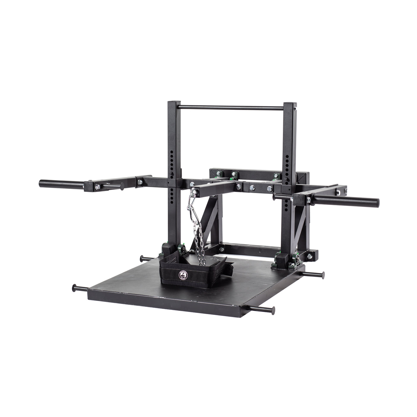 The Bells of Steel Belt Squat Machine is a black metal unit with a large platform, adjustable arms, and a chain with belt for lower body training at home. Shown against a white background.