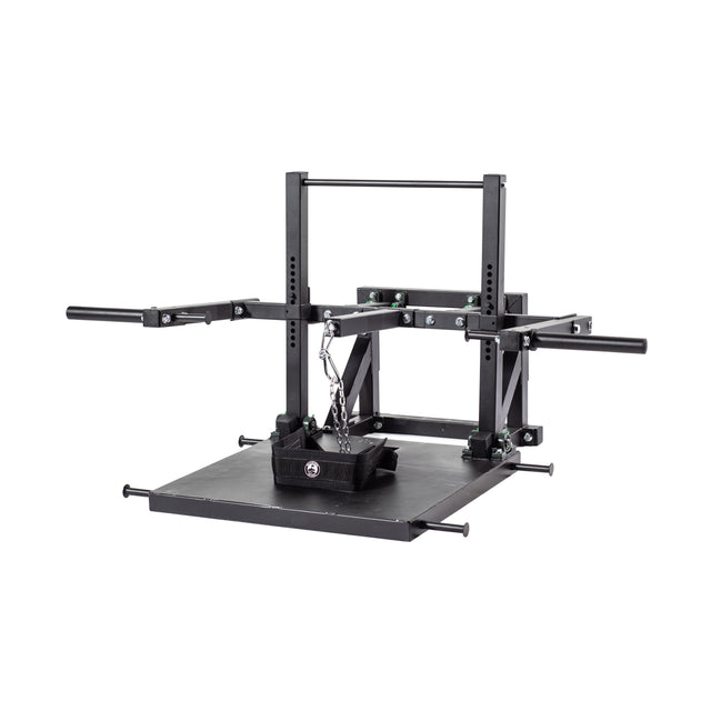 A compact black metal fitness machine with handles and a central chain, ideal for lower body strength training. The Belt Squat Machine by Bells of Steel includes a platform plus adjustable parts for tailored workouts.