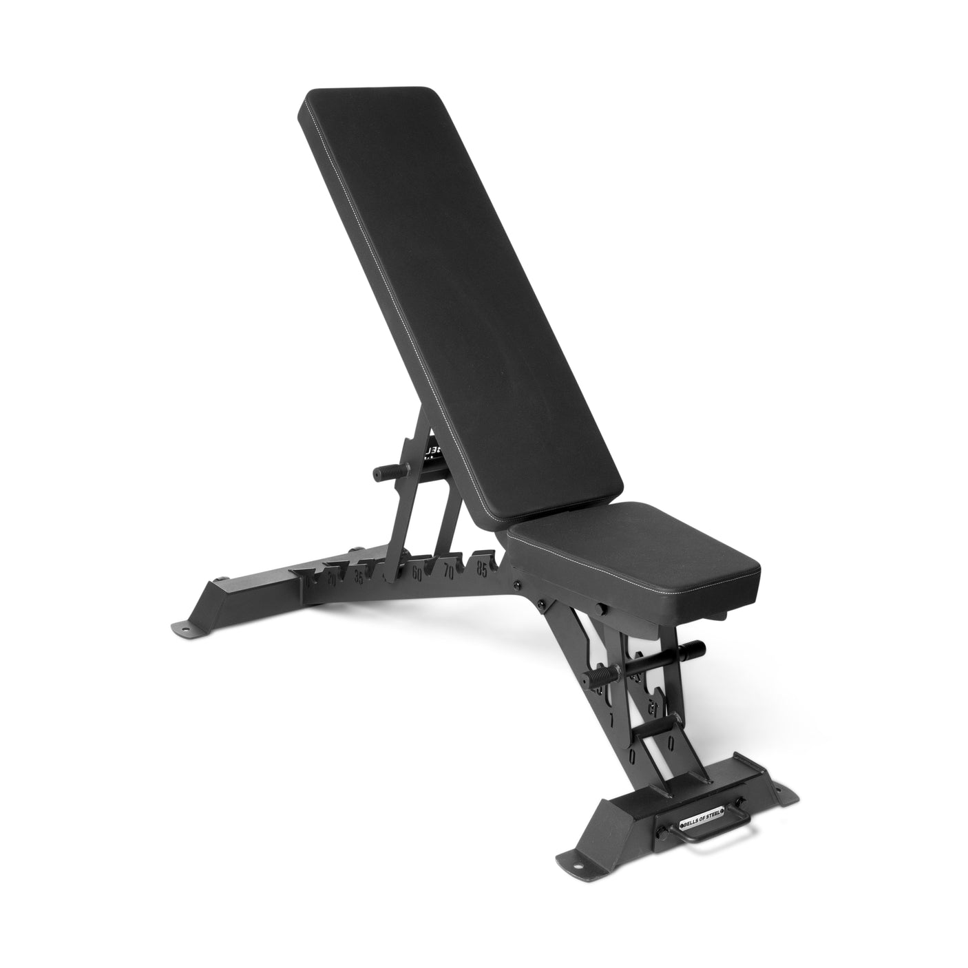 Discover the ultimate in exercise versatility with the Bells of Steel's Buzz-Saw Heavy-Duty Adjustable Bench. This black bench features a cushioned backrest and seat, sturdy metal frame, support bars, and footrests for various incline and flat positions in weight training exercises.