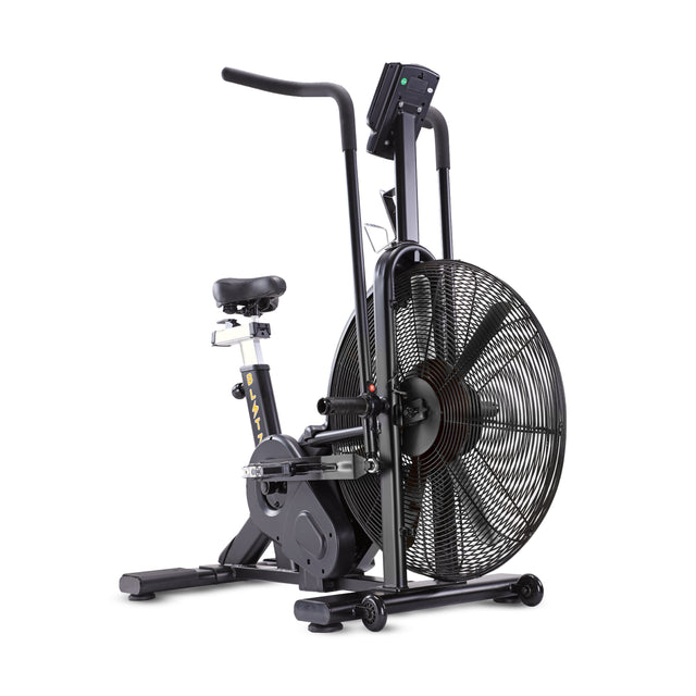The Bells of Steel Blitz Air Bike is a black stationary bike with a large fan wheel, adjustable seat, and digital display, perfect for full-body cardio workouts in your home gym.