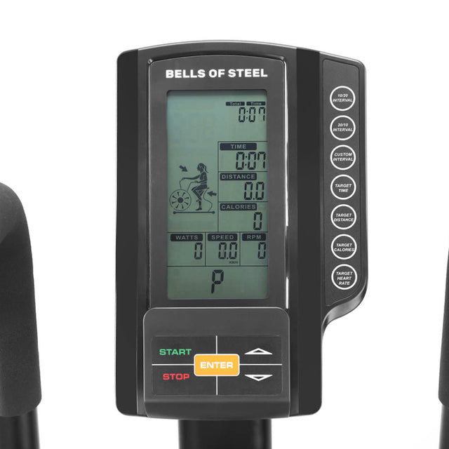 Close-up of the Bells of Steel Blitz Air Bike’s digital display in a home gym, showing time, distance, calories, watts, speed, and RPM, plus Start, Stop, and Enter buttons, perfect for tracking full-body workout stats.