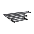 The Bells of Steel Bumper Plate Pins Shelf is a sleek, minimalist black four-tier wall-mounted shoe rack. It features two parallel metal bars per tier and exudes modern design against a plain white background, perfectly aiding in organization.