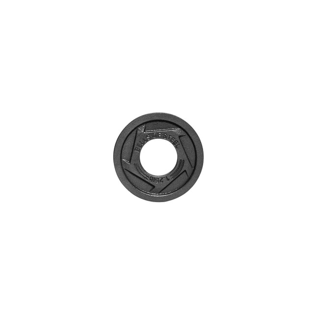 A York 1.25 lb weight plate from Bells of Steel's Black Mighty Grip series, featuring engraved text and a round central hole, is viewed from above on a white background.