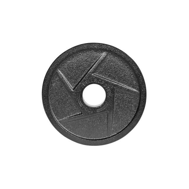A round, textured black metal weight plate from Bells of Steel features the Mighty Grip Olympic design with ergonomic precision grip handles and embossed text and geometric patterns. The Black Mighty Grip Olympic Weight Plate is showcased on a white background.
