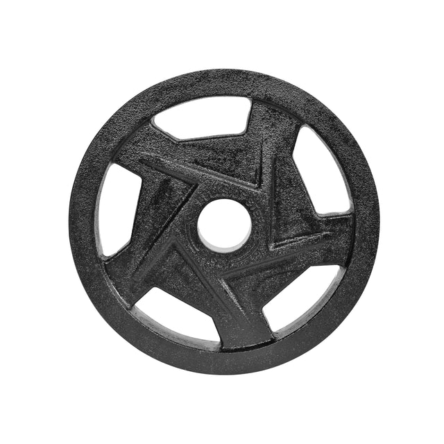 Aerial view of a black Bells of Steel Mighty Grip Olympic Weight Plate with a central hole, showcasing angular geometric cutouts and ergonomic five-spoke precision grip handles on a white background.