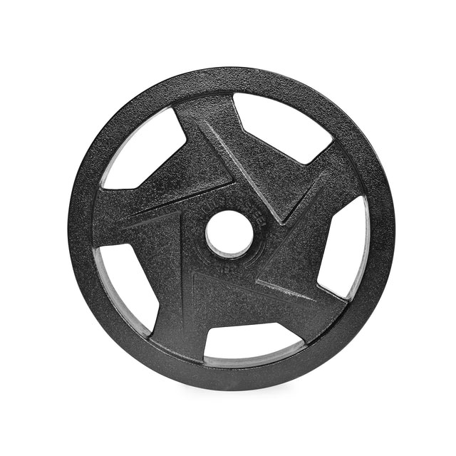 The image features a black Mighty Grip Olympic Weight Plate by Bells of Steel, designed for barbell use. It has five grip handles with angular cutouts and a central hole, set against a plain white background.