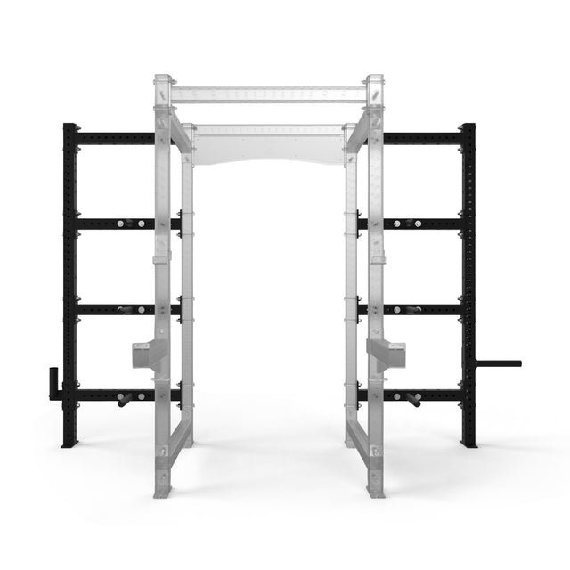 The Bells of Steel Hydra Batwing Storage is a black and silver modular gym rack for weightlifting, featuring vertical posts with multiple holes for 3x3 attachments and barbell supports, set against a plain white background.