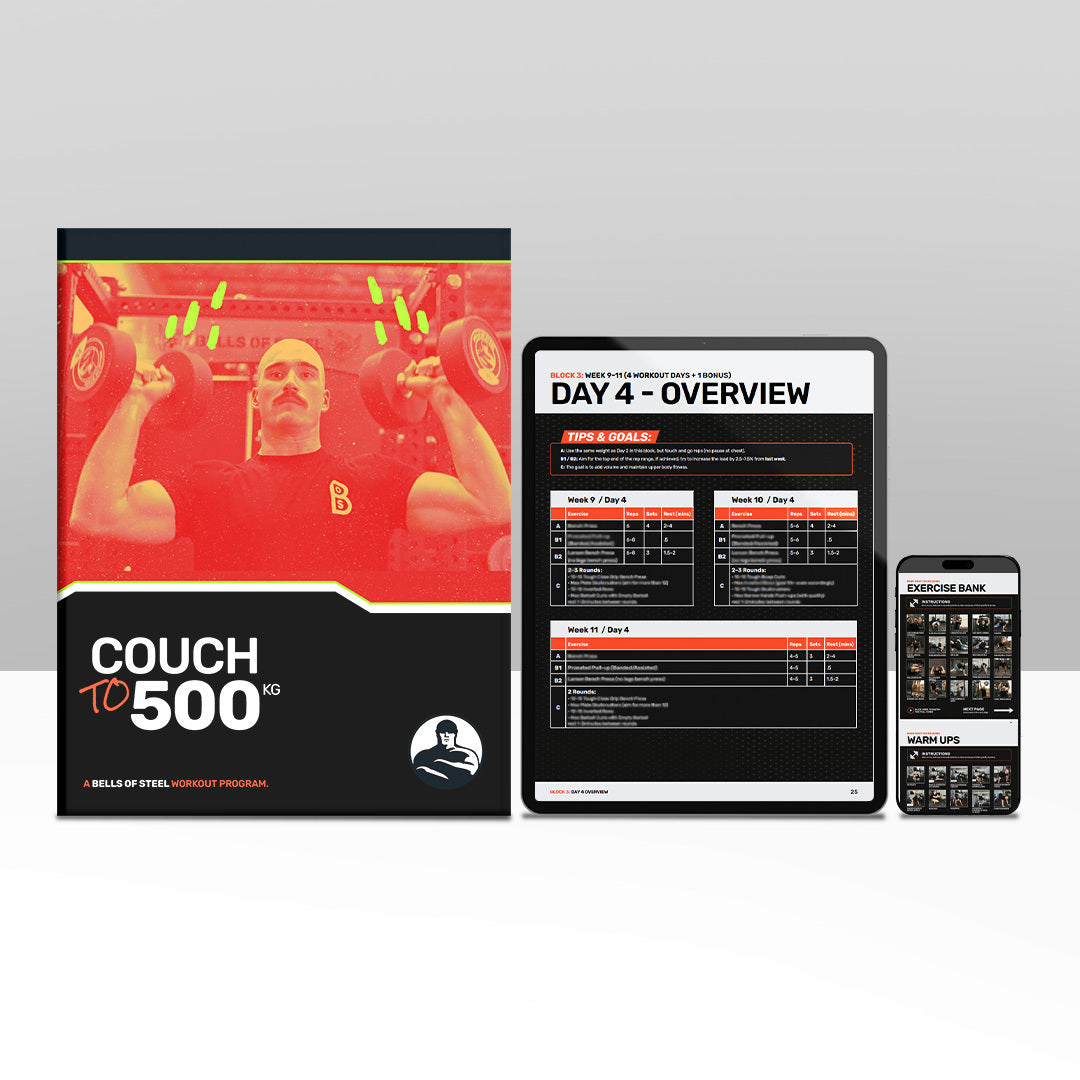 The Bells of Steel Couch to 500kg Workout Program (Digital Product) includes a visual guide, a detailed 12-week workout plan, and an exercise bank—ideal for beginners aiming to master the Big 3 lifts.