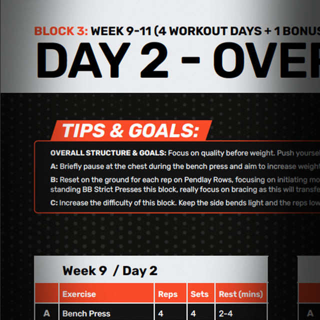 The Bells of Steel Couch to 500kg Workout Program (Digital Product) shows a bold red and black Week 9, Day 2 beginner strength training plan with exercise names, reps, sets, rest periods, plus workout tips and goals.