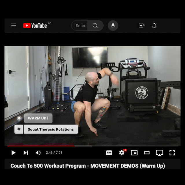 A person does a squat thoracic rotation in a home gym with equipment in the background. On-screen text says "WARM UP 1 #Squat Thoracic Rotations" as part of Bells of Steel's Couch to 500kg - Workout Program (Digital Product).