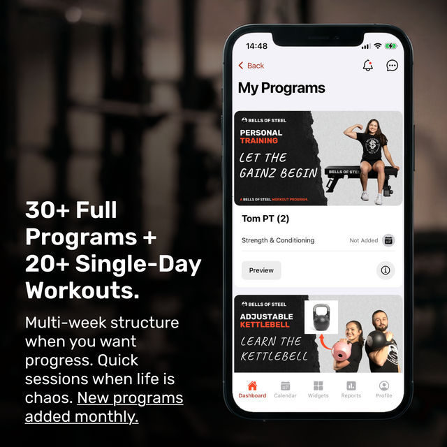 A smartphone displays the Bells of Steel Online Coaching app with 30+ full programs, 20+ single-day workouts, multi-week or quick sessions, online coaching for progress, and new content added monthly.