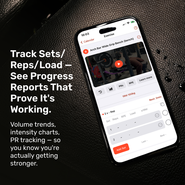 A smartphone shows the Bells of Steel Training App by Bells of Steel, tracking sets, reps, and load for a bench exercise with charts. Progress reports and performance tracking are highlighted beside the phone on a dark textured surface.