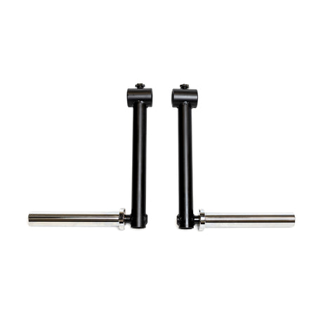 Two black metal Bells of Steel Camber Bar Attachments (Pair) with horizontal silver rods are positioned parallel to each other on a white background.