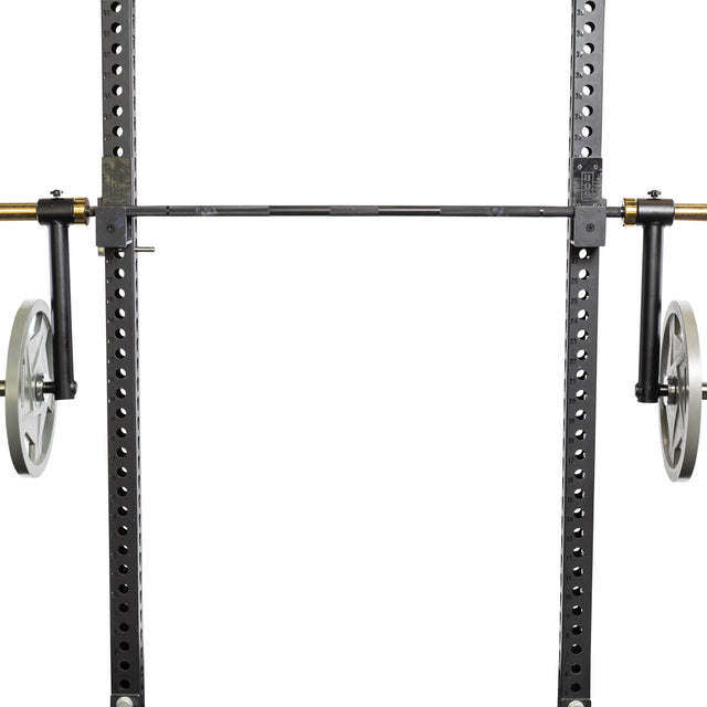 A pair of Bells of Steel Camber Bar Attachments mounted on a metal squat rack, with an Olympic barbell loaded with plates, perfect for training stabilizer muscles, isolated on a white background.