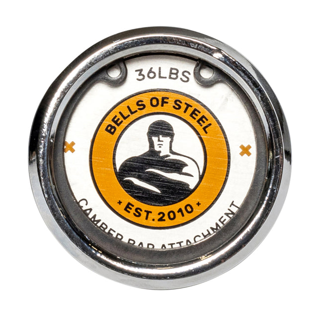 The Bells of Steel Camber Bar Attachment - Pair features round, metal weight plates labeled "36LBS" with the brand’s logo and a strongman graphic, designed to target stabilizer muscles during Olympic barbell lifts.
