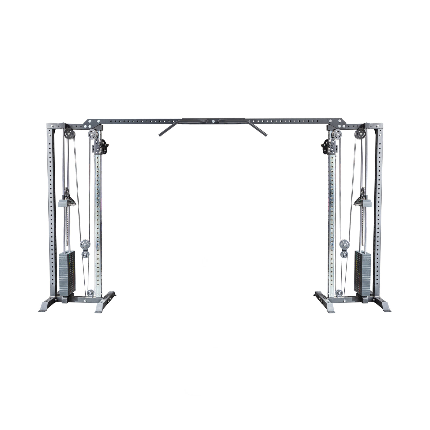 The Bells of Steel Cable Crossover Machine includes adjustable handles, dual weight stacks, cables, pulleys on each side, and a multi-grip pull-up bar. It's an ideal choice for versatile strength training workouts.