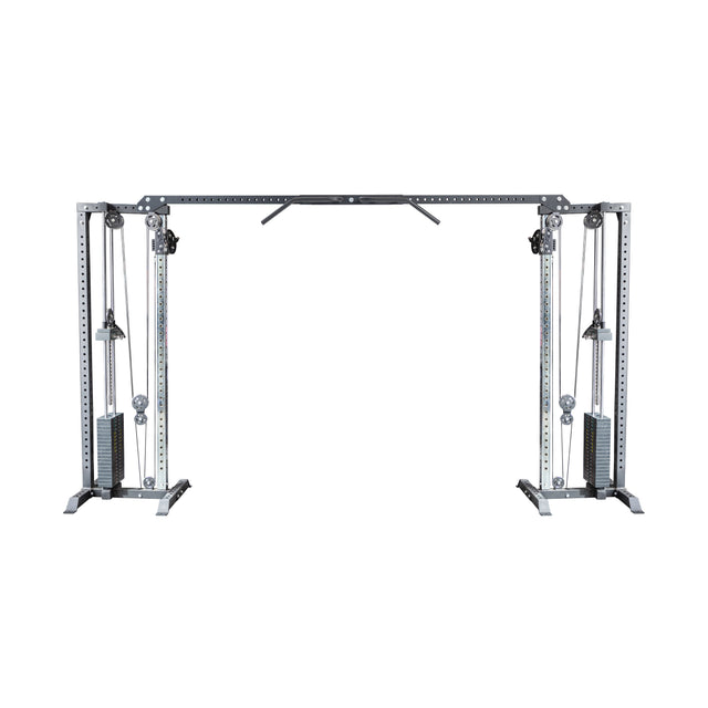 The Bells of Steel Cable Crossover Machine features dual adjustable pulleys, weight stacks on both sides, and a pull-up bar—ideal for versatile strength training exercises.