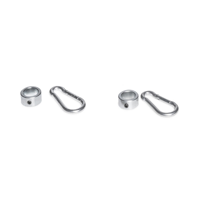 Bells of Steel Band Pegs with Carabiners: Two sets of shiny silver hardware, each featuring a round collar with screw and a pear-shaped carabiner, perfect for attaching resistance bands or accessories to your power rack.