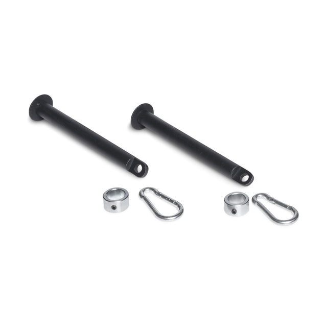 The Bells of Steel Band Pegs with Carabiners include two black metal pegs with flat heads, each paired with a silver ring, collar, and carabiner—perfect for attaching resistance bands to your rack. All parts are shown on a white background.