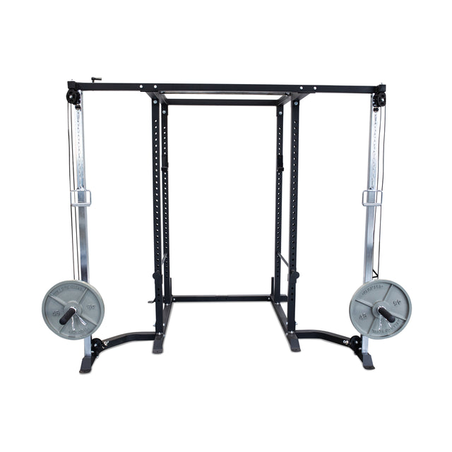 The Bells of Steel Cable Crossover (2.3" x 2.3" Racks) is a black and silver power rack featuring dual cable pulley systems, each loaded with a 45-pound plate, ideal for strength training and home gym workouts.