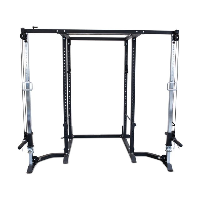 The Bells of Steel Cable Crossover (2.3" x 2.3" Racks) is a black metal power rack with dual adjustable cable pulley systems on each side, offering versatile weightlifting and strength training, shown against a white background.