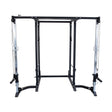 The Bells of Steel Cable Crossover (2.3" x 2.3" Racks) is a black metal power rack with dual adjustable cable pulley systems on each side, offering versatile weightlifting and strength training, shown against a white background.