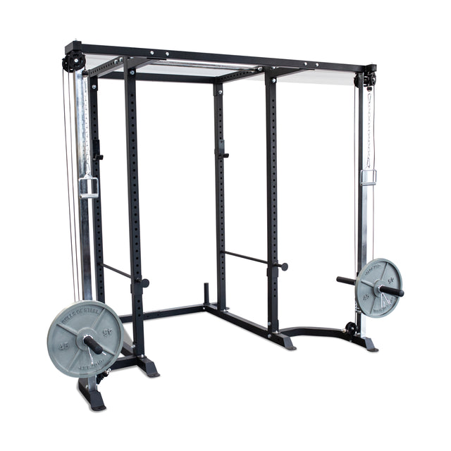 The Bells of Steel Cable Crossover (2.3" x 2.3" Racks) is a black power rack with a cable pulley system and weight plates on each side, ideal for strength training and weightlifting exercises.
