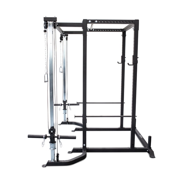 The Bells of Steel Cable Crossover (2.3" x 2.3" Racks) is a black metal power rack with an attached cable crossover pulley system, adjustable hooks, safety bars, and storage pegs—ideal for weightlifting and strength training.