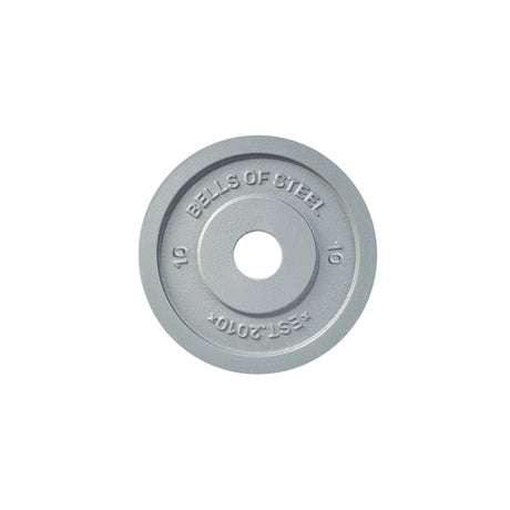 A gray Bells of Steel Machined Iron Olympic Weight Plate with "10" and "EST. 2010" engraved, precision hole fit, viewed from above on a white background.