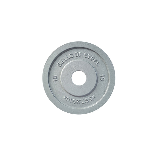 A gray Bells of Steel Machined Iron Olympic Weight Plate with "10" and "EST. 2010" engraved, precision hole fit, viewed from above on a white background.