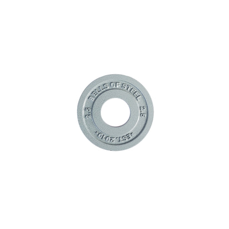 A Bells of Steel Machined Iron Olympic Weight Plate, grey and weighing 2.5 lbs with "BELLS OF STEEL" and "2.5" engraved, precision hole fit, is displayed on a plain white background.