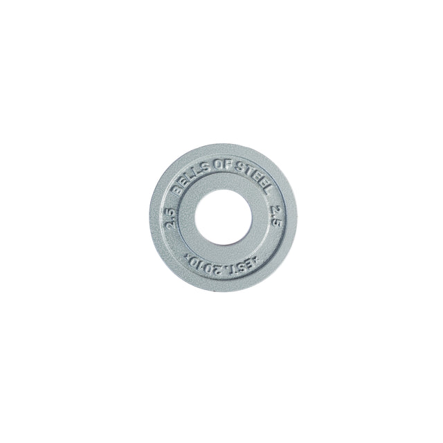 A Bells of Steel Machined Iron Olympic Weight Plate, grey and weighing 2.5 lbs with "BELLS OF STEEL" and "2.5" engraved, precision hole fit, is displayed on a plain white background.