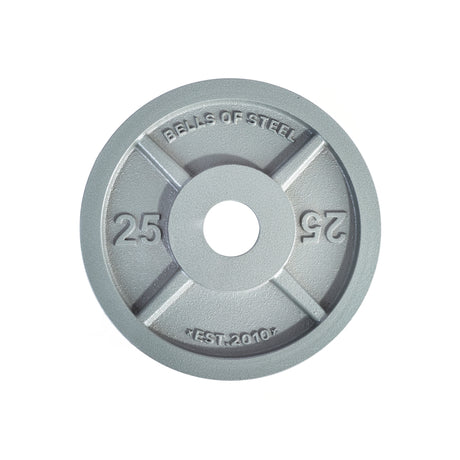 A 25-lb Machined Iron Olympic Weight Plate by Bells of Steel, engraved with "BELLS OF STEEL" and "EST. 2010," made for a precision fit and shown on a white background.