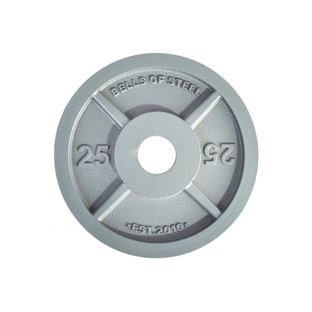 A 25-lb Machined Iron Olympic Weight Plate by Bells of Steel, engraved with "BELLS OF STEEL" and "EST. 2010," made for a precision fit and shown on a white background.