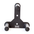 The Bells of Steel Change Plate Storage Pegs is a black metal wall mount bracket with three cylindrical pegs arranged in a triangle, ideal for organizing Olympic change plates. It features two mounting holes and an upside-down "SIS" logo at the bottom.