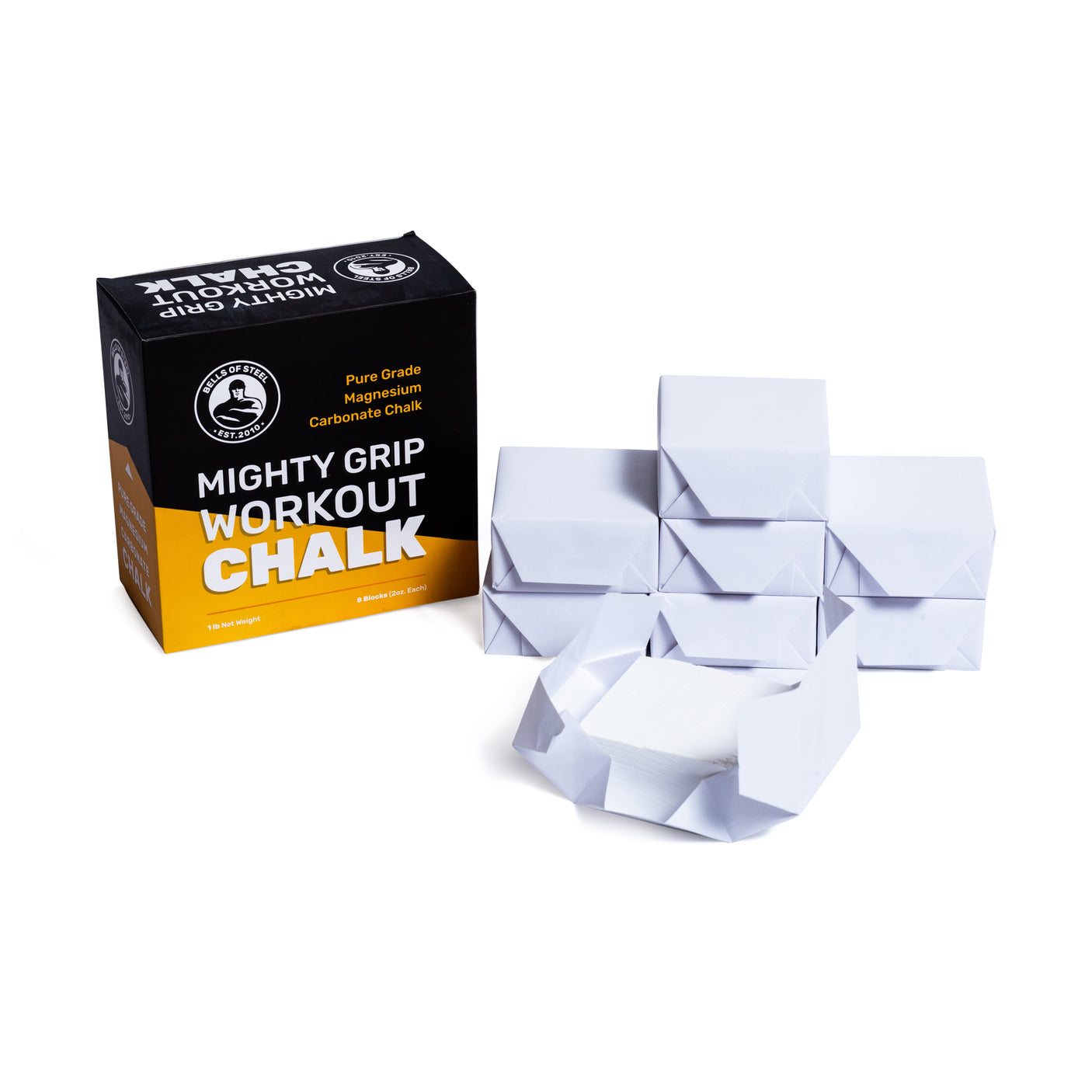 A Bells of Steel Mighty Grip Workout Chalk box is displayed beside several neatly stacked, individually wrapped lifting chalk blocks on a white background.