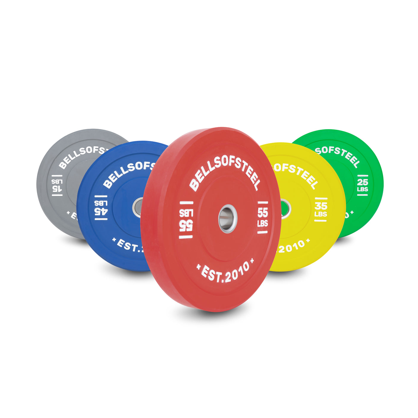 Five Bells of Steel Colored Bumper Plates in gray, blue, red, yellow, and green display "BELLS OF STEEL" and "EST. 2010" with weight in pounds. Each features a durable stainless steel insert.