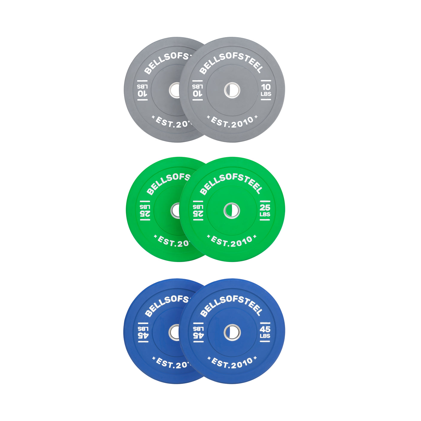 The Bells of Steel Colored Bumper Plate Sets include six plates (pairs of 10 lb gray, 25 lb green, and 45 lb blue), each with Accurate Weight markings, white text, circular designs, and a durable stainless steel insert.