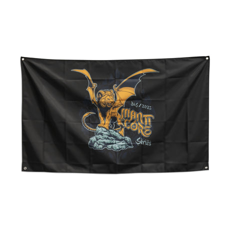 The Bells of Steel Flags showcase a golden manticore with spread wings on a black background and "Manticore Series" and "D&D / 2023" in decorative font—a bold gym decor piece for any space.