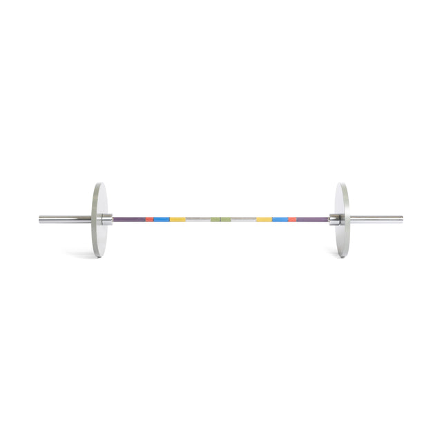 The Bells of Steel Hydra Seven Ring Bar, wrapped in yellow, blue, red, and green segments with white weight plates on each end, stands against a white background.
