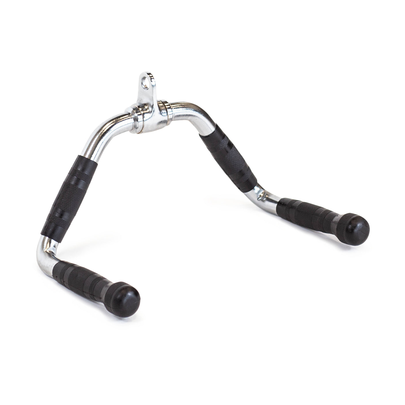 The Bells of Steel Multi Purpose Close Grip Cable Attachment features a chrome V design with rubber grips, ideal for strength training exercises like seated rows or lat pulldowns on cable machines.