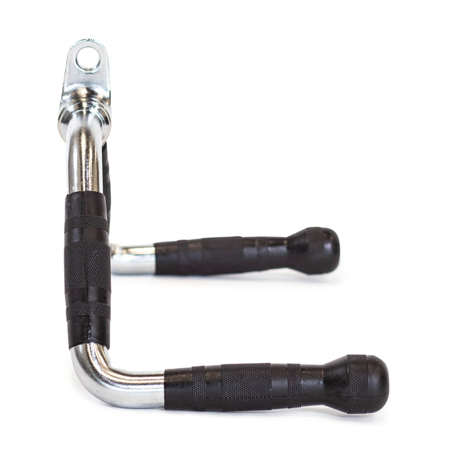 A Bells of Steel Multi Purpose Close Grip Cable Attachment with a chrome and black finish, curved metal arm, black rubber grips, and mounting hole, shown on a white background.