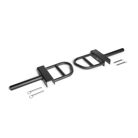 Two black Bells of Steel Lever Arms Rack Attachments with rectangular and circular grips, each paired with metal pins and cotter pins, offer space-efficient barbell handle options, shown on a white background.