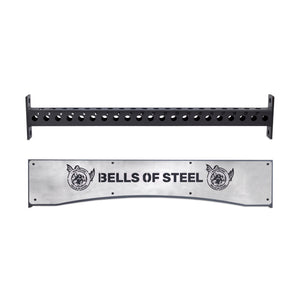 Two metal pull-up bars are shown: one black for a Hydra power rack, and the other—a Bells of Steel Logo Plate Crossmember—features the brand name and two dog illustrations.