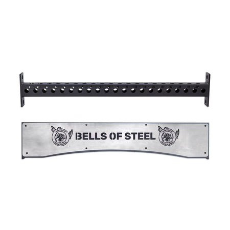Two metal pull-up bars are shown: one black for a Hydra power rack, and the other—a Bells of Steel Logo Plate Crossmember—features the brand name and two dog illustrations.