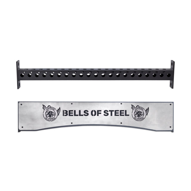 Two metal pull-up bars are shown: one black for a Hydra power rack, and the other—a Bells of Steel Logo Plate Crossmember—features the brand name and two dog illustrations.