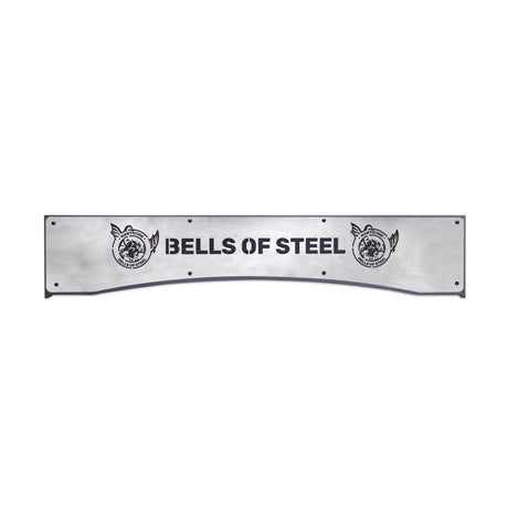 A rectangular Bells of Steel Logo Plate Crossmember sign featuring bold black branding and winged logos at each end, with corner holes for mounting—a perfect accent for your Hydra Power Rack or Manticore Rack.