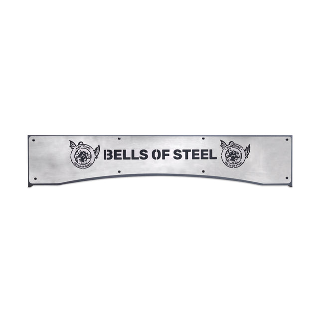 A rectangular Bells of Steel Logo Plate Crossmember sign featuring bold black branding and winged logos at each end, with corner holes for mounting—a perfect accent for your Hydra Power Rack or Manticore Rack.