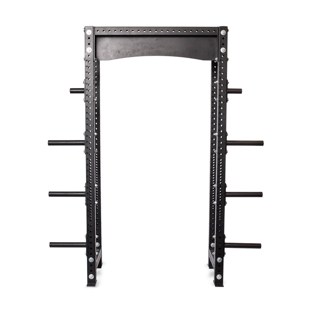 The Bells of Steel Hydra Collegiate Power Rack - Prebuilt (3" x 3", ⅝" holes) is a black metal weightlifting rack for home gyms, with multiple adjustable attachment holes and six horizontal pegs per side for plate storage.