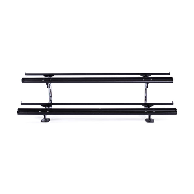 The Bells of Steel Commercial Interchangeable Weight Rack - Components Only is a black, two-tiered metal rack with horizontal bars and a swappable storage shelf, shown from the front on a white background.